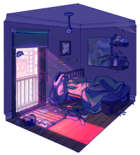 Digital art of a messy bedroom in dull purples and teals.  Strange red light pours in from the city outside, the bars of the balcony-window casting a harsh shadow.