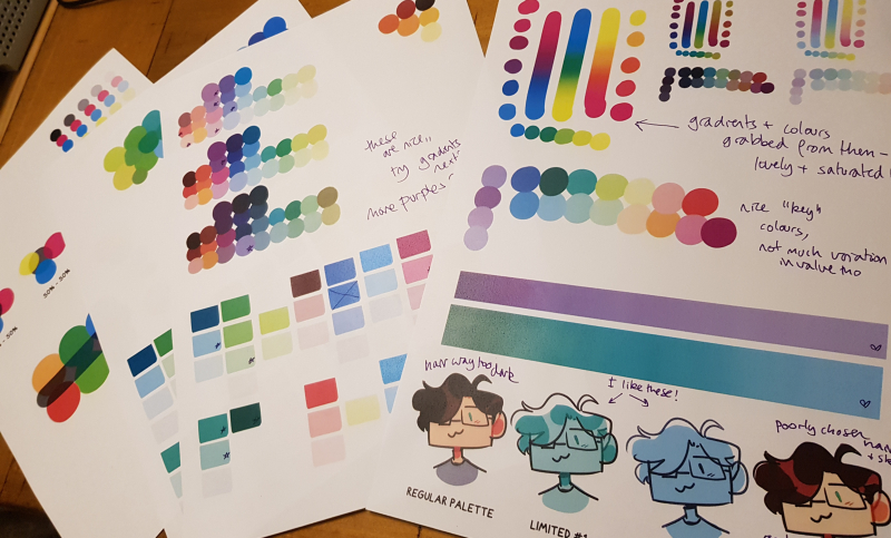 a photo of several printed test sheets consisting of several colourful blobs and doodles
